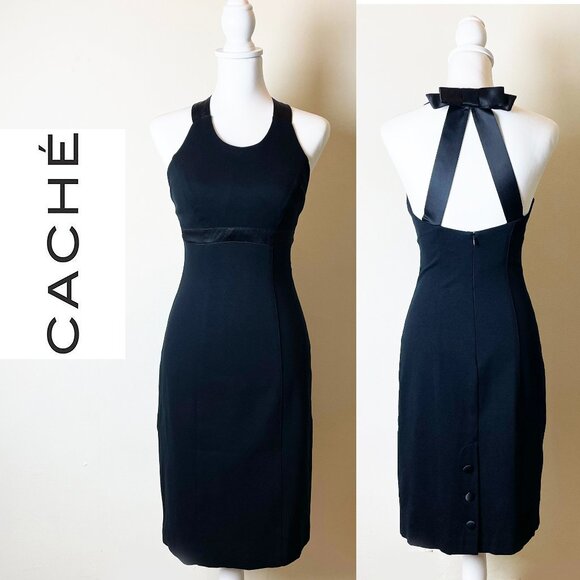 Cache Black Midi Dress | Back Bow & Buttons w/ Satin Trim | Size 4 | EUC - Picture 1 of 12